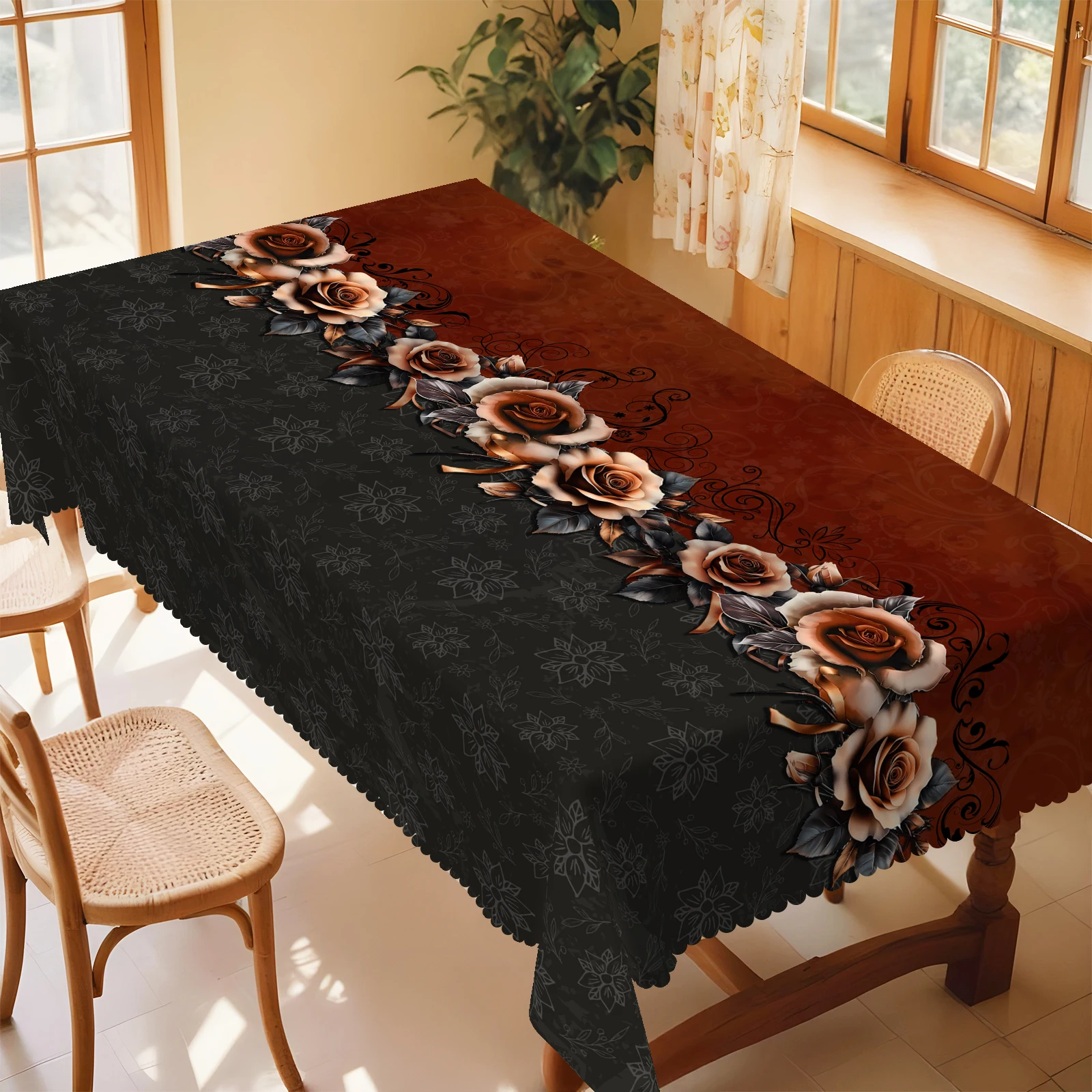 1 Piece, Round/Rectangular Vintage Rose-Themed Polyester Tablecloth + 4 Self-Adhesive Stickers, Delicate and Vibrant Rose Print Pattern with Leaf Print and Dark Pattern, Embossed Edges, Suitable for Home Kitchen Decoration, Room Decoration, Party Tablecloth, Kitchen Decorative Cloth, Room and Outdoor Personalized Decoration, Perfect Gift, Cafe Decorative Tablecloth, Spring, Summer, Autumn, Winter Decorative Tablecloth, Valentine's Day Decoration Oo-073