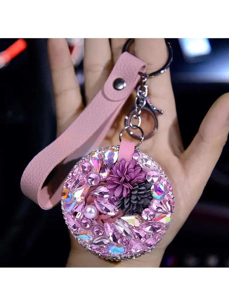 Fashionable Flower Shaped  Mirror Keychain with Embedded Rhinestones Portable Makeup Mirror Car Decoration Bag Pendant
