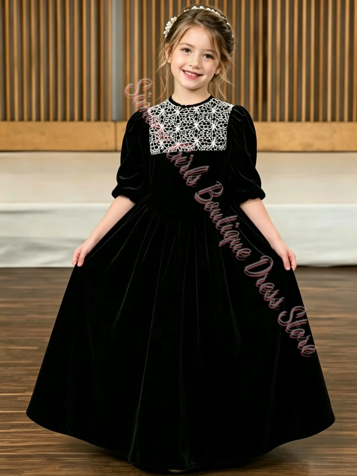 Großhandel Mädchenkleider mit Viertelärmeln, Spitzenkragen, Samt-Blumenmädchenkleid für Hochzeitszeremonien, formelle Empfänge, maßgeschneidert – Detail 2