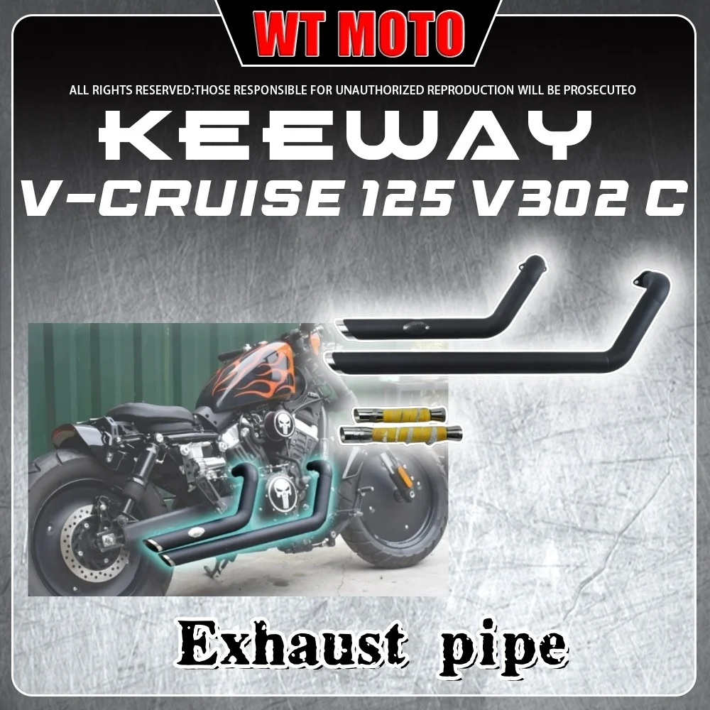 For KEEWAY V-CRUISE 125 V 302 C VH exhaust pipes: two stainless steel angled exhaust pipes, straight exhaust, volume down plug.