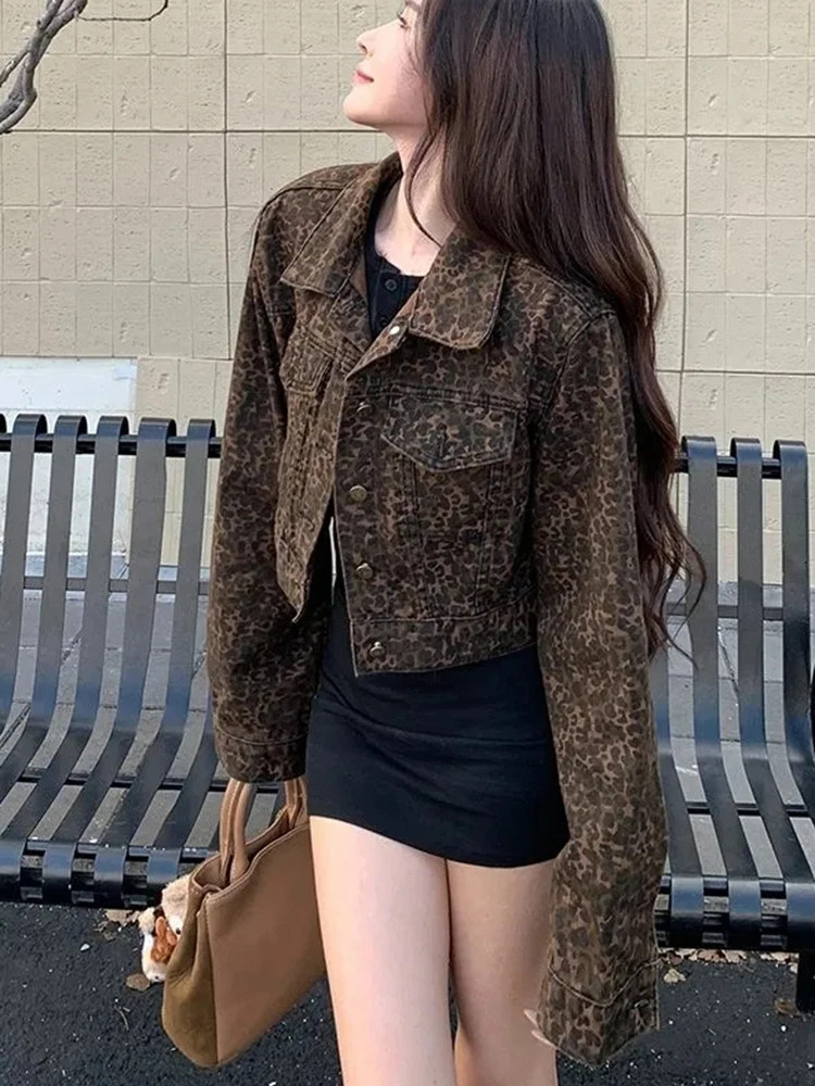 Zoki Y2K Cropped Leopard Denim Jacket Women Vintage Streetwear Long Sleeve Slim Short Coat American Harajuku Female Hip Hop Tops