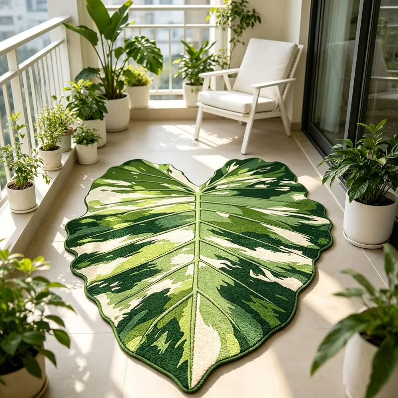 Special-shaped Leaf Rugs Nordic Style Green Plant Pattern Entrance Doormat Soft Non-slip Comfortable Floor Mat Home Decoration