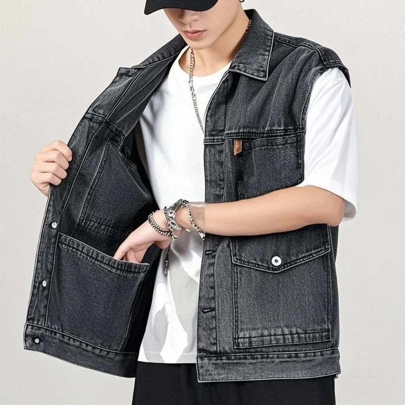 Męska kamizelka jeansowa w stylu retro, letnia kurtka bez rękawów, kurtka cargo z wieloma kieszeniami, odzież robocza, odzież wierzchnia