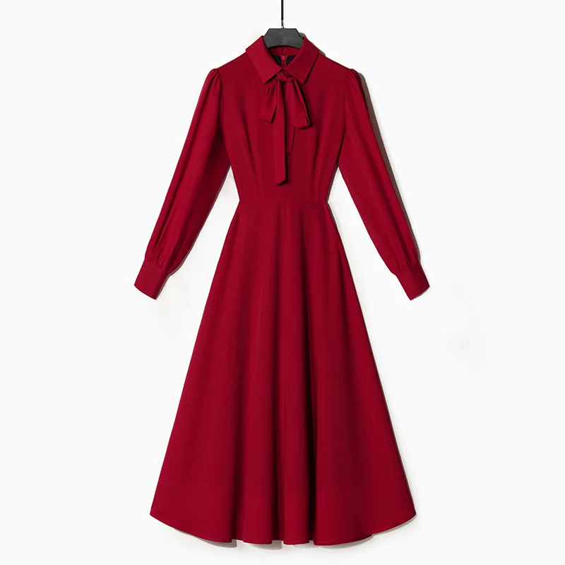 

Красное свадебное платье для женщин, простой фасон, с длинными рукавами, А-образная юбка, воротник, миди-платье, подходит для свадьбы и банкета