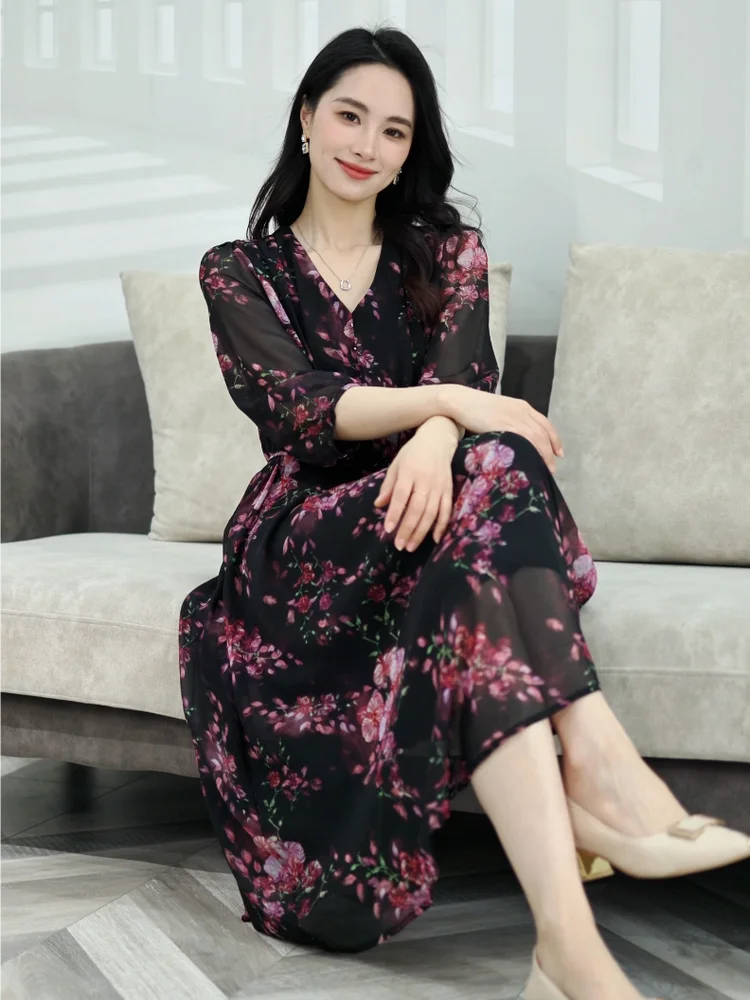 

Ele Mid-Length Silk Dr Women's Summer Floral Waist-Cinching Slimming Silk Skirt High Waist A-Line Dr