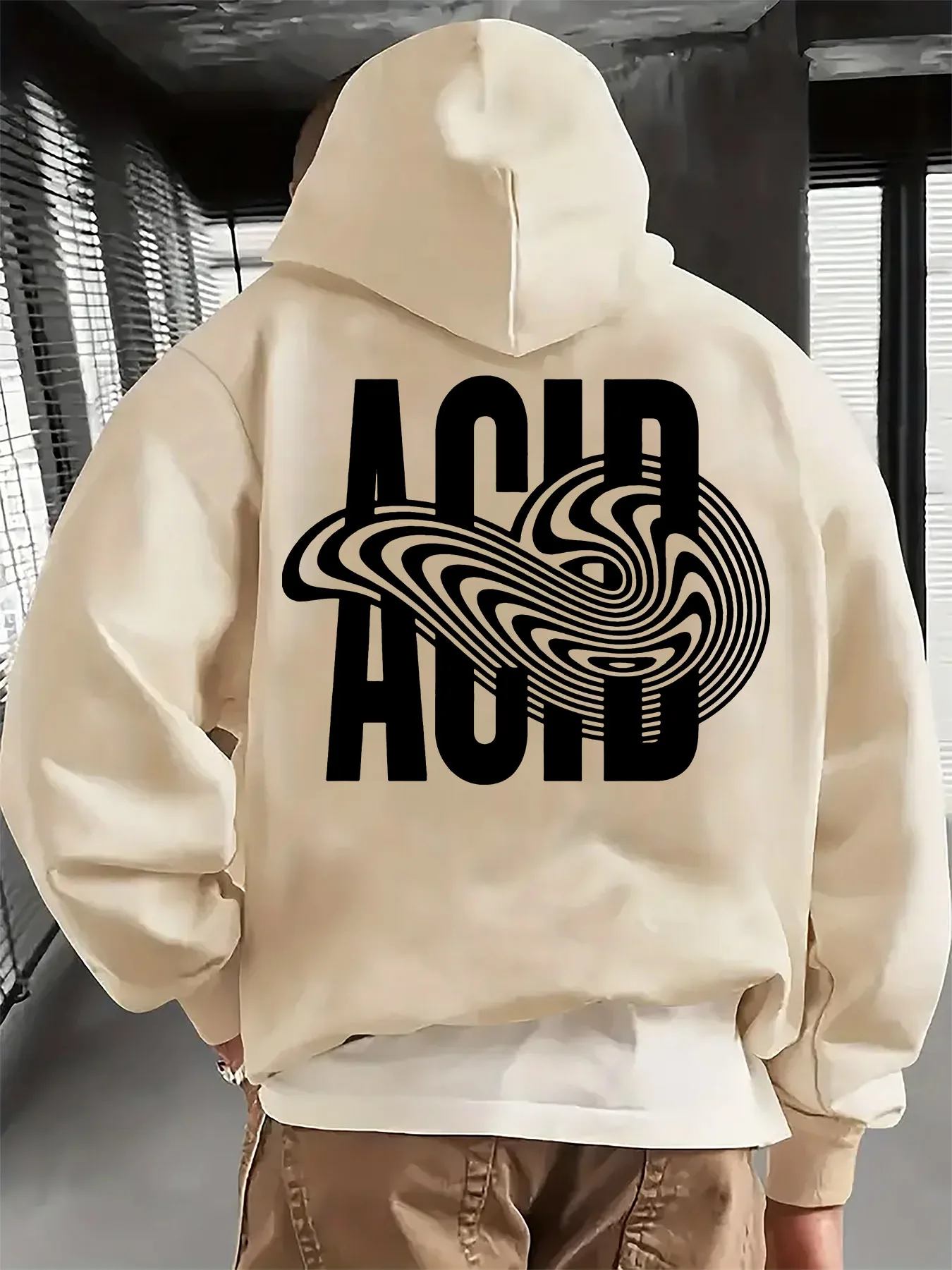 Street fashion trendy men's casual sports hooded sweatshirt with geometric vortex letter print,comfortable pullover hooded shirt