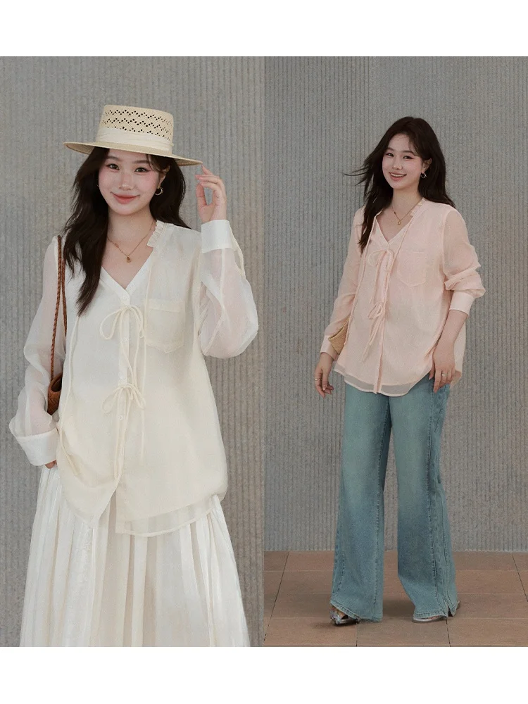 

Женская повседневная рубашка больших размеров с V-образным вырезом, длинными рукавами, из полиэфирного волокна, с кружевной отделкой, с поясом, свободного кроя, весенняя