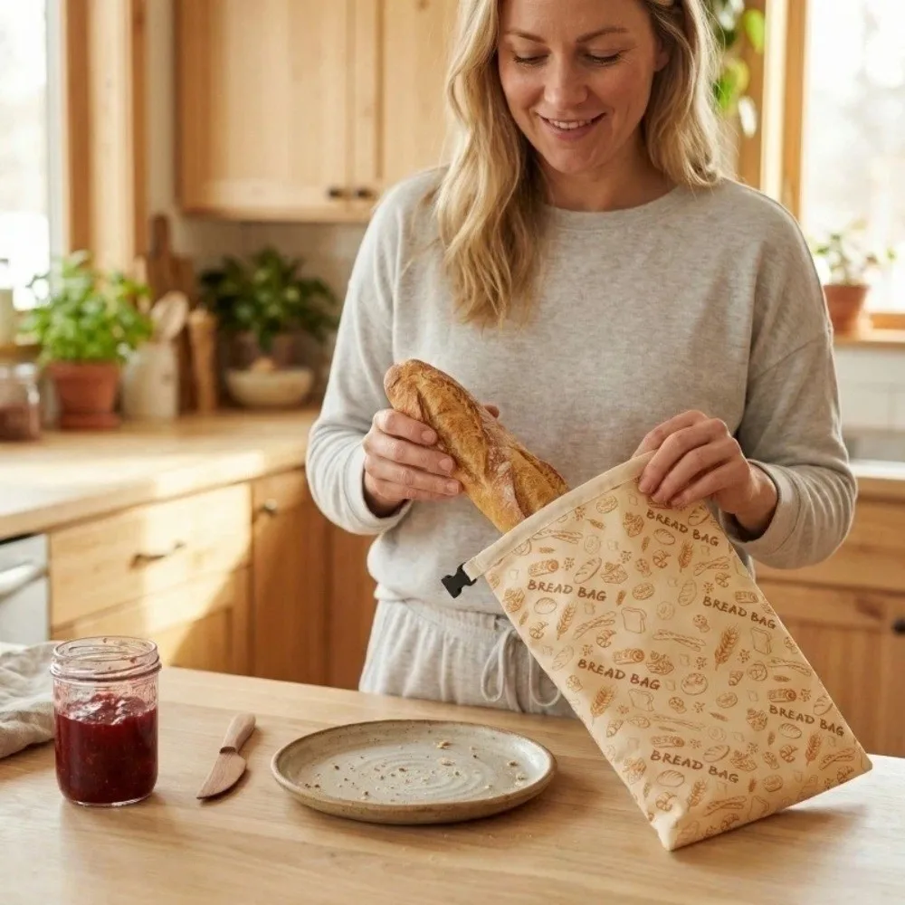Reusable Beeswax Bread Bags Beeswax Coated Cotton Fresh-Keeping Bread Bags 43*33cm Zipper Closure Bread Storage Bags Freezer Use
