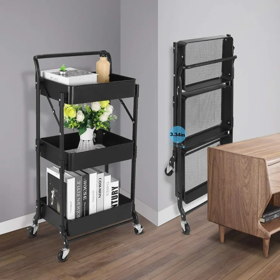 Foldable 3 Tier Metal Utility Rolling Cart with MultiFunction Design for Home Library and Office Storage Compact Mobile Organiz
