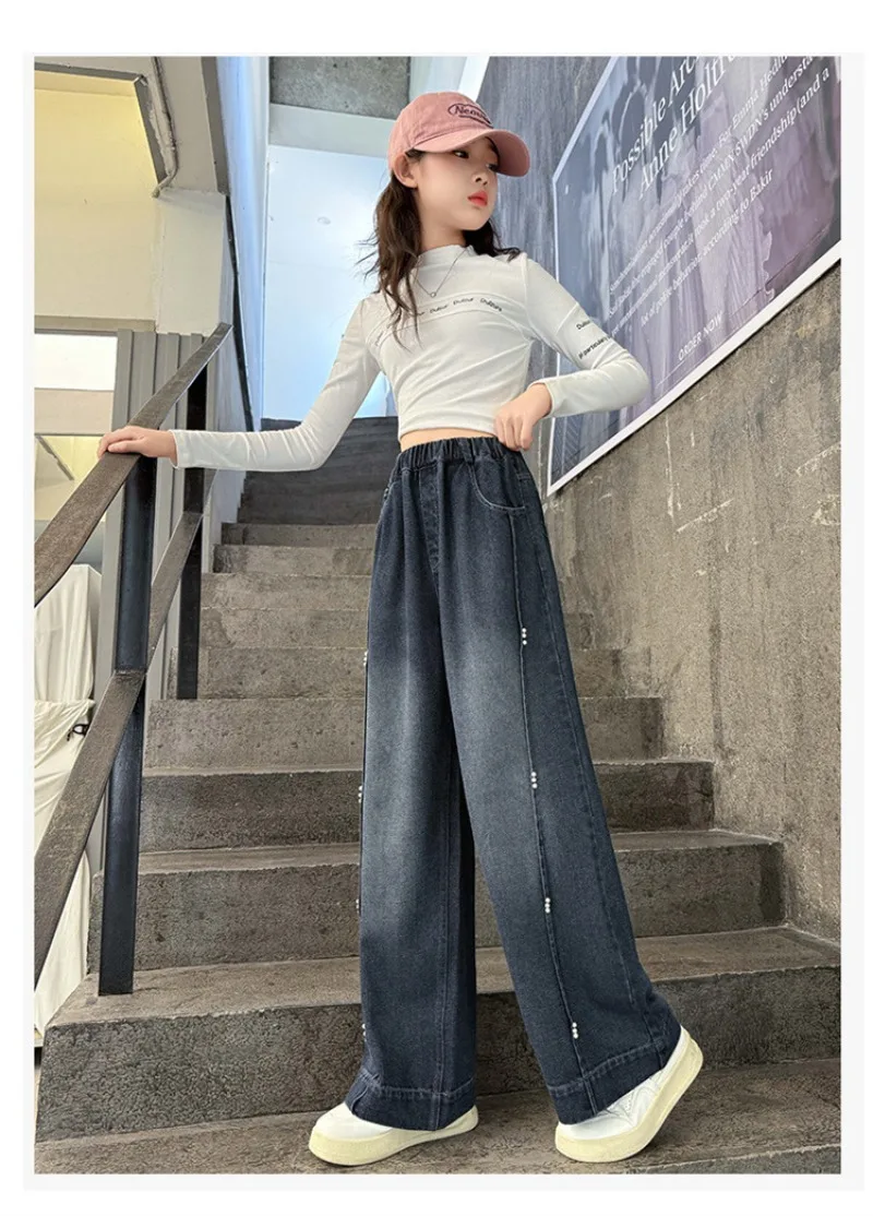 UNITIM Herbst Kinder-Jeans mit Liebes-Stickerei, Gerade Hosen für Junge Mädchen, Lose Elastische Taille, Denim-Hosen für Junge Teenager-Mädchen – Detail 15