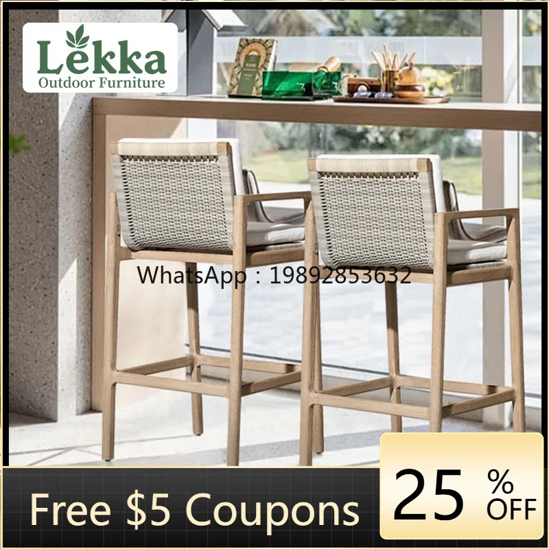 YFY Outdoor Solid Wood Bar Chair Villa Hotel Terrace Rattan Table and Chair High Stool Bar Teak Bar Counter