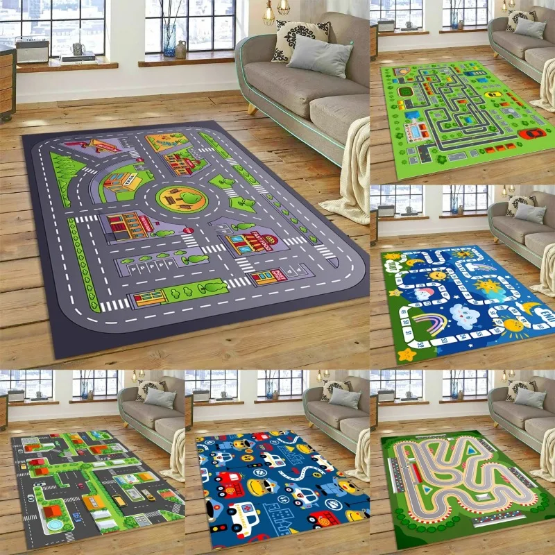 HD Child Play Mat City Traffic Road Map Runway Highway Area Rug Non-Slip Carpet for Playroom Living Room Perfect Gift Floor Mat