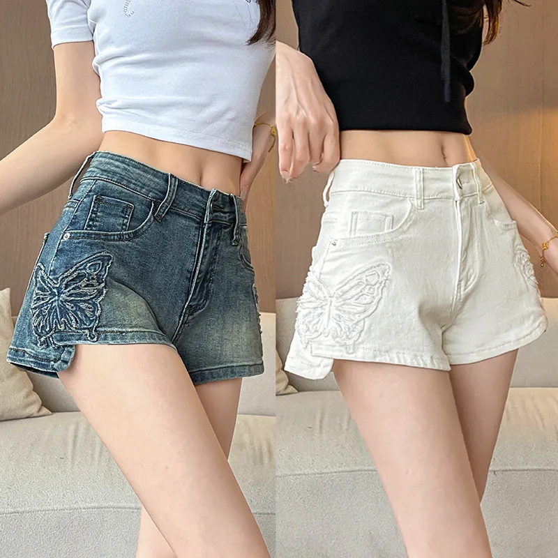 

Summer Women's New Butterfly Embroidery Denim Shorts Girls Skinny Peplum Summer Low Waist Hot Pants Peplum Spice Girls Shorts