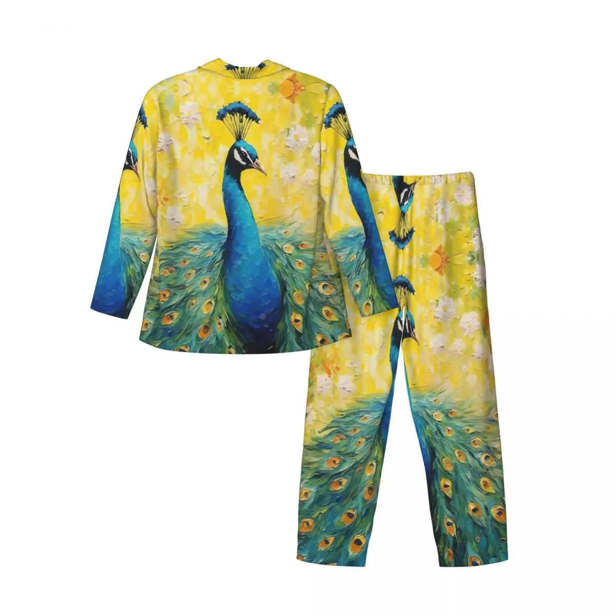 Pintura pavão com cauda azul conjunto de pijama outono confortável lazer pijamas masculino duas peças vintage oversized personalizado pijamas