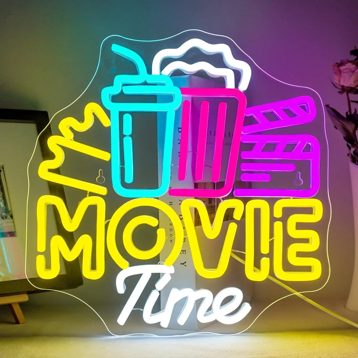 Movie Time Neon Sign Colorful LED Wall Art Clapboard Popcorn USB Powered Home Theater Cinema Room Decor Film Lovers Gift