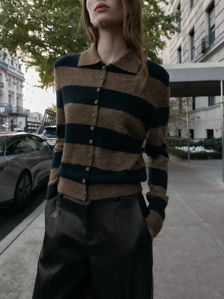 

Winter New Arrival Women's Vintage Long Sve Ne Striped Knitted Jaet Slim Fit Commute Sle Regular Sve Length