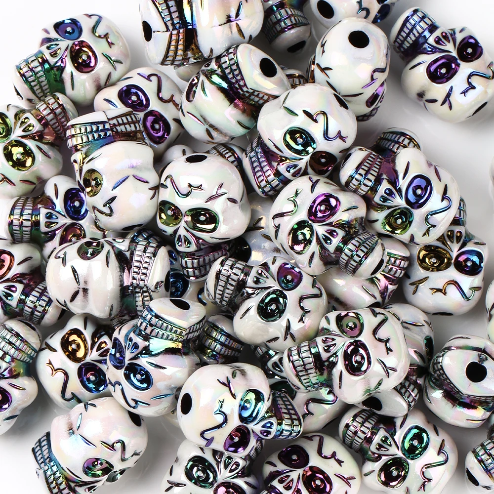 CHONGAI 10Pcs AB White Color Acrylic Halloween Gothic Skull Beads For Jewelry Making Bracelet Necklace Accessories 23mm