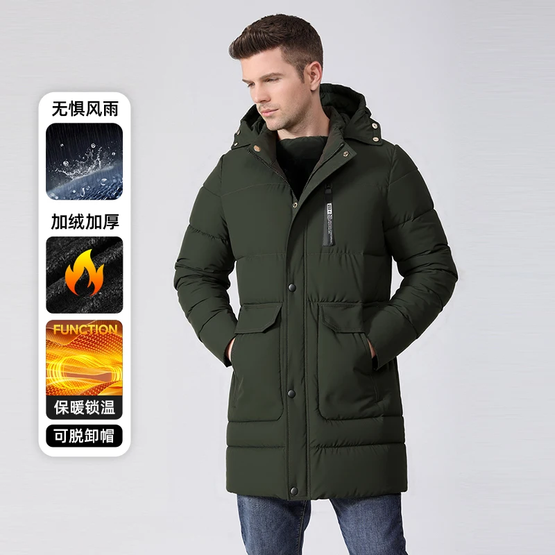 

Men's Medium Long Fleece Jacket Hooded Casual Thicken Warm Cotton Padded Jacket Mens Fashion Hooded Outdoor Windproof Coat Parka