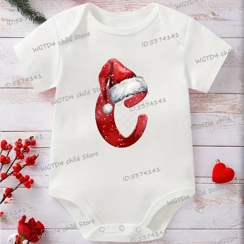 Świąteczne body dla noworodka z alfabetem A-Z, świąteczny kapelusz Świętego Mikołaja, nadruk litery K, świąteczny kombinezon dla dziewczynki i chłopca, bawełniany pajacyk.