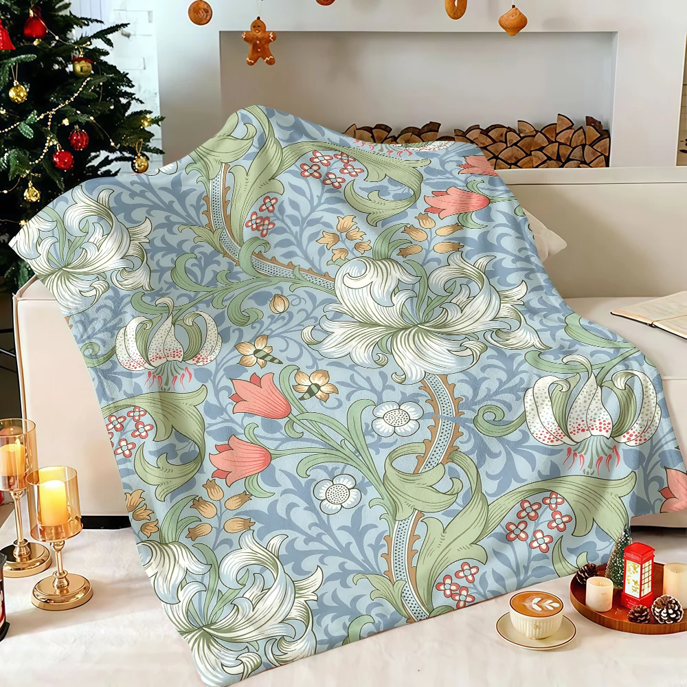 William Morris Lily Blue Floral Flannel Blanket Soft Fuzzy Plush Cozy Warm Throw for Sofa Bed Couch Home Decor