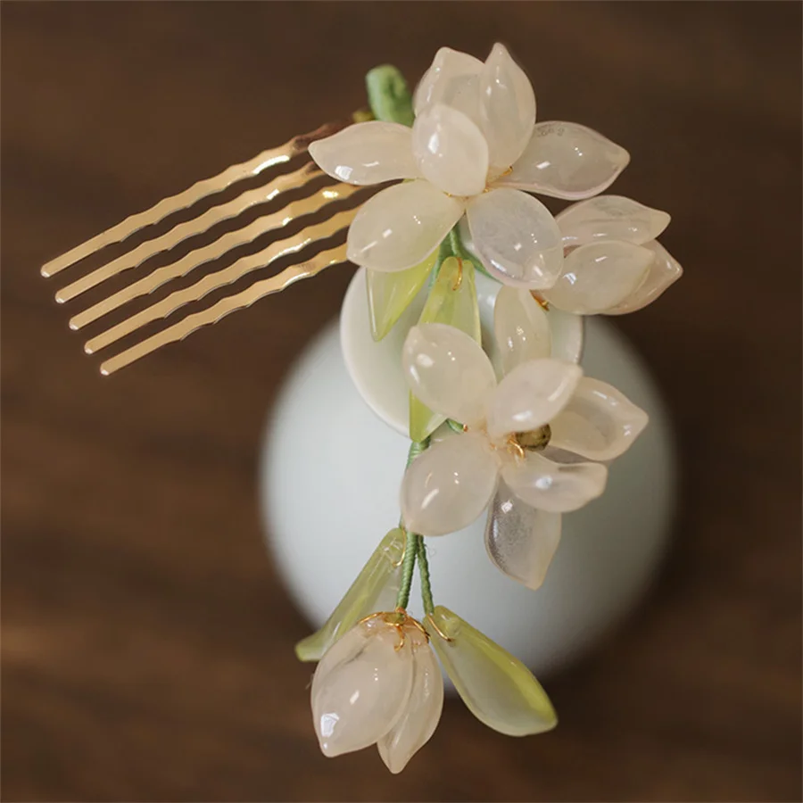 Floral Hair Comb Chinese Hanfu Hair Accessories For Women Green Flower Alloy Hairpin Hair Clips Vintage Girls Headwear Jewelry