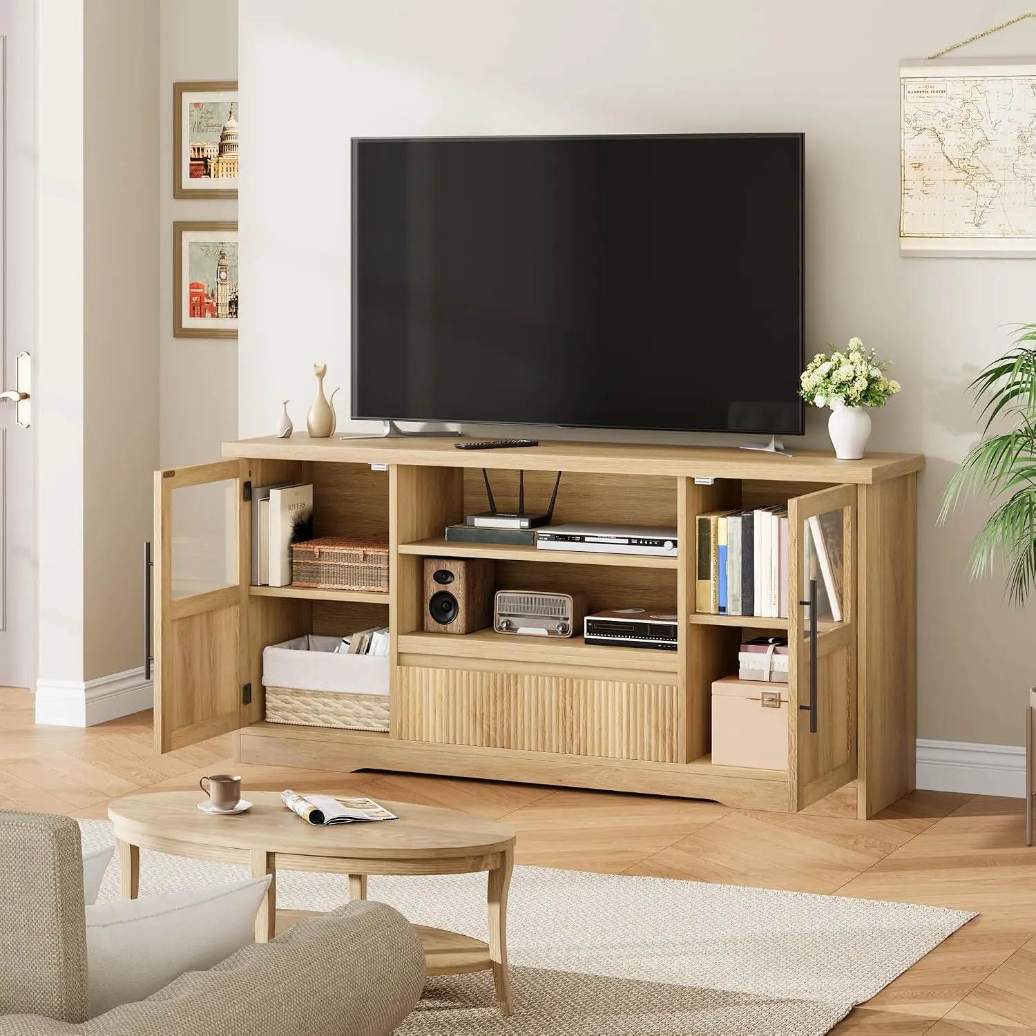 Farmhouse TV Stand 63in For TVs Up To 72in, Wave Pattern Entertainment Center With Glass Door Cabinets & Open, Customized