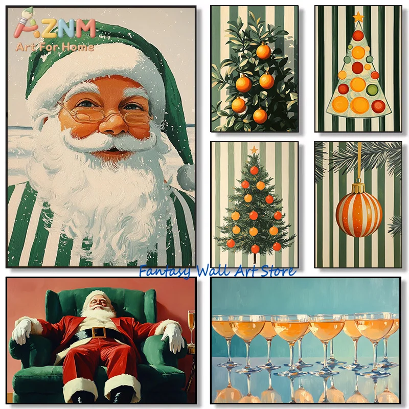 Winter Christmas Festive Holiday Retro Green Christmas Jolly Santa Wine Drink Poster Canvas Painting Wall Pictures Home Decor
