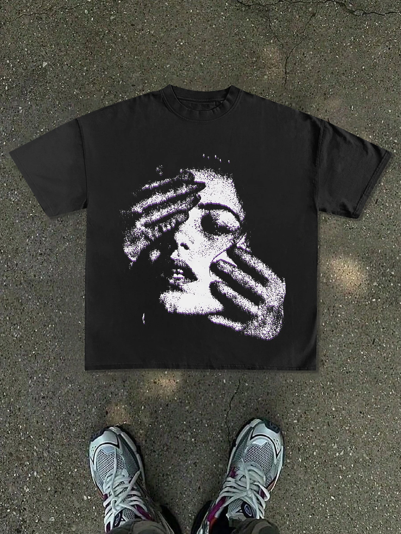 New men's T-shirt with a white-to-purple gradient abstract face and handprint pattern on the front, perfect for streetwear.