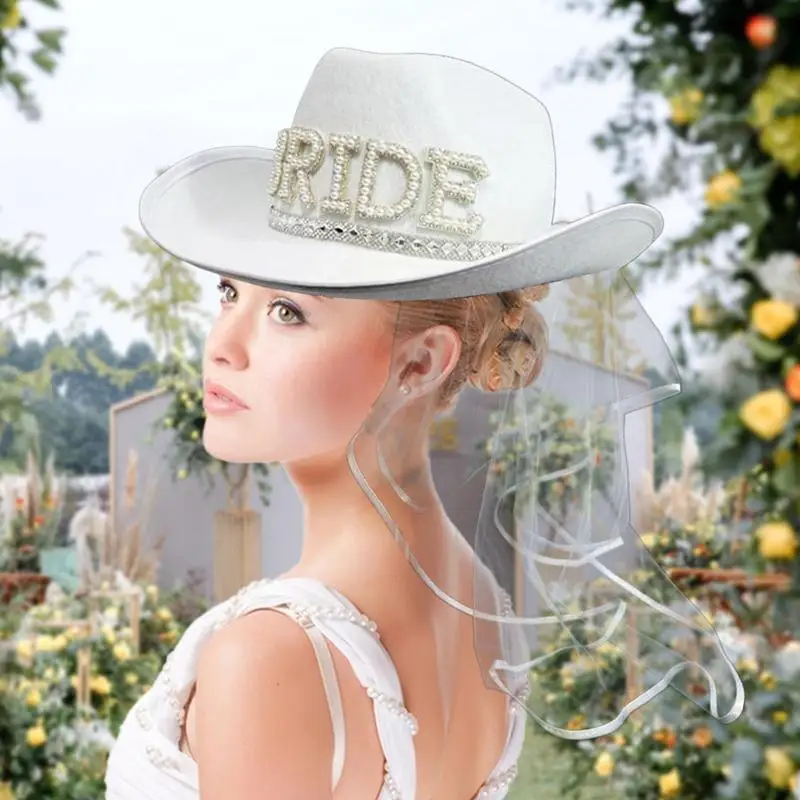 Novelty Bride Cowgirl Hat Rhinestone White Cowgirl Hat Wedding Bridal Shower Decoration 40*33*14cm Cowgirl Hat For Weddings &