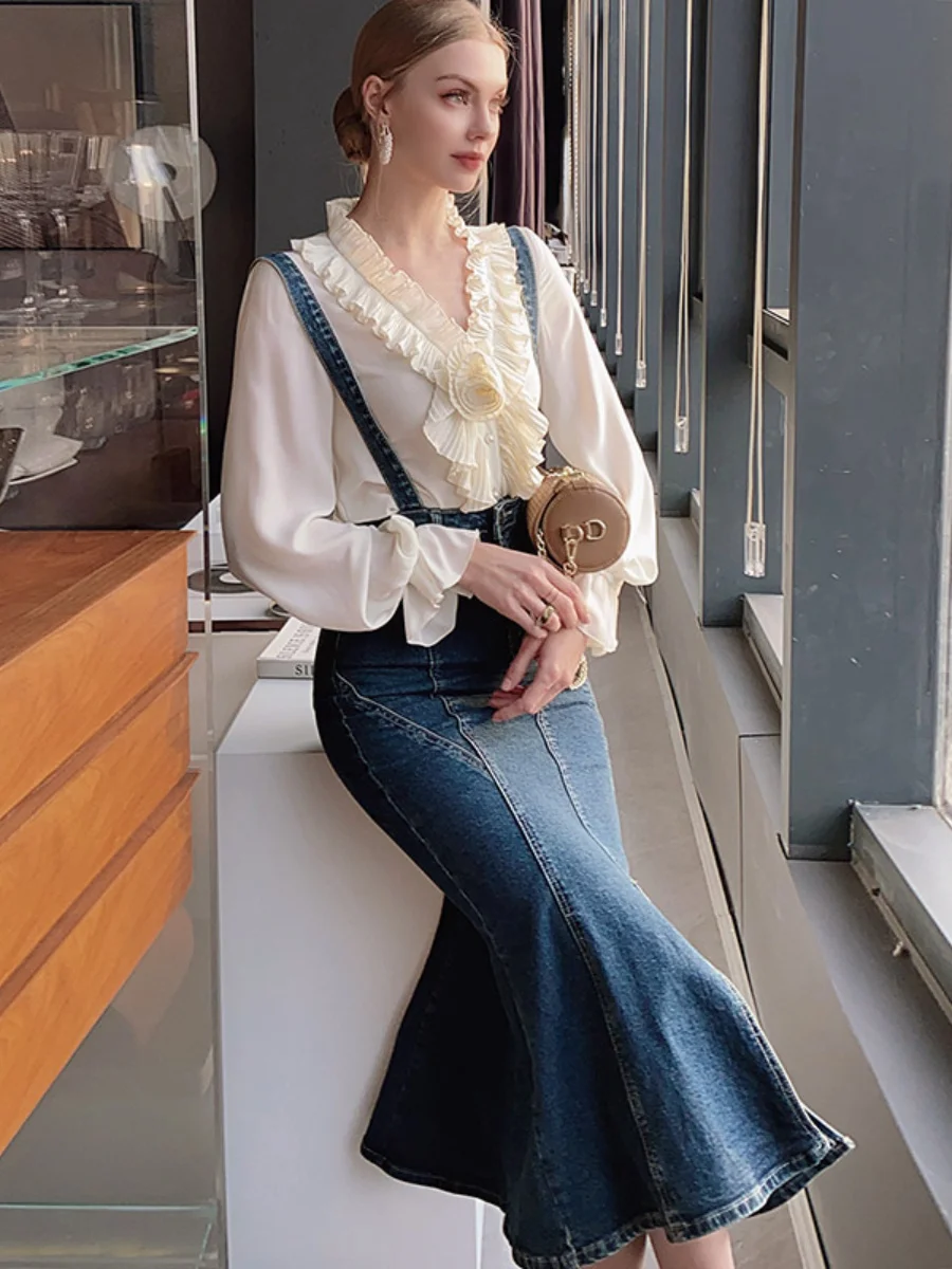 New 2023 Spring High Waist Slimming Mid-Length Sheath Fishtail Women High-End Fashion Design Denim Suspender Skirt Female