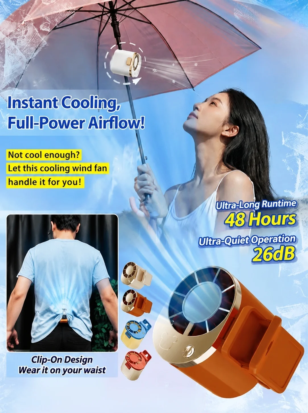 Cooling clip fan Small Hanging Waist Fan Usb Rechargeable Handheld Outdoor waist clip fan for Outdoor Students Trave Commuter
