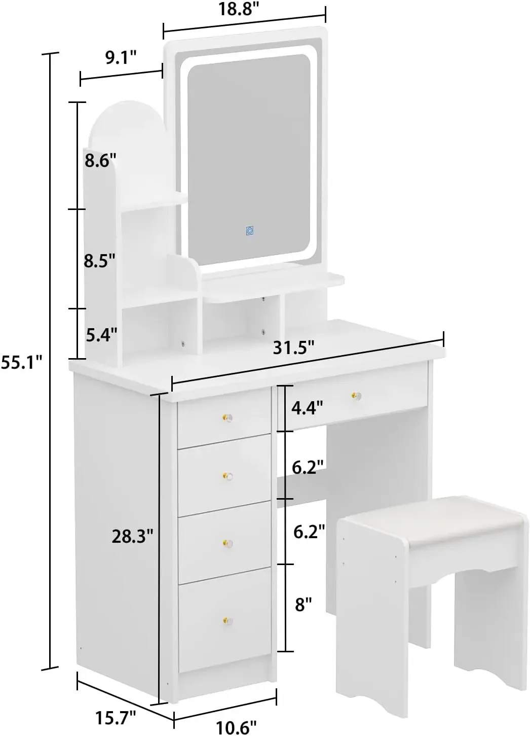 Vanity Set with Rectangular Mirror, Makeup Vanity Dressing Table with 5 Drawers, Shelves, Dresser Desk and Cushioned