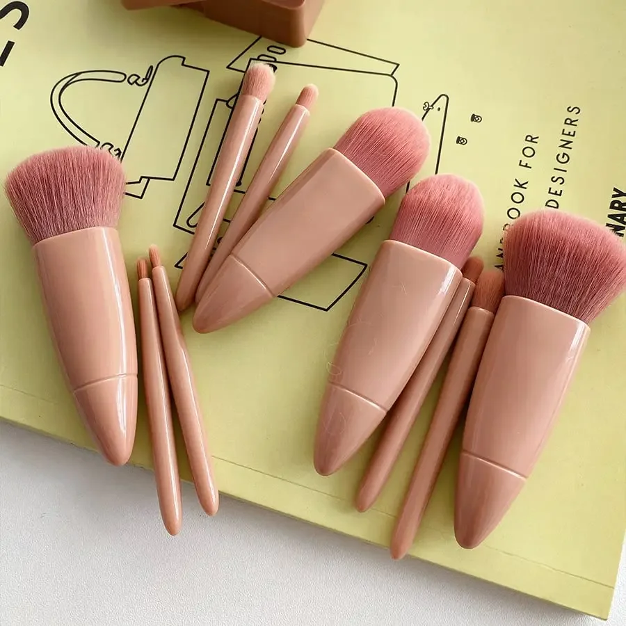 Conjunto de mini pincéis de maquiagem com espelho, 5 peças, pincéis cosméticos de viagem multifuncionais, sem perfume, ferramentas de maquiagem com design de pincel de palma