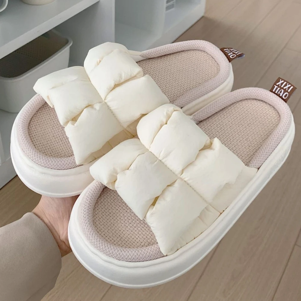 New White Pleated 3.5cm Fashion Soft Ladies Casual Cute Piggy Pattern Design Comfortable Female Linen Home Slippers