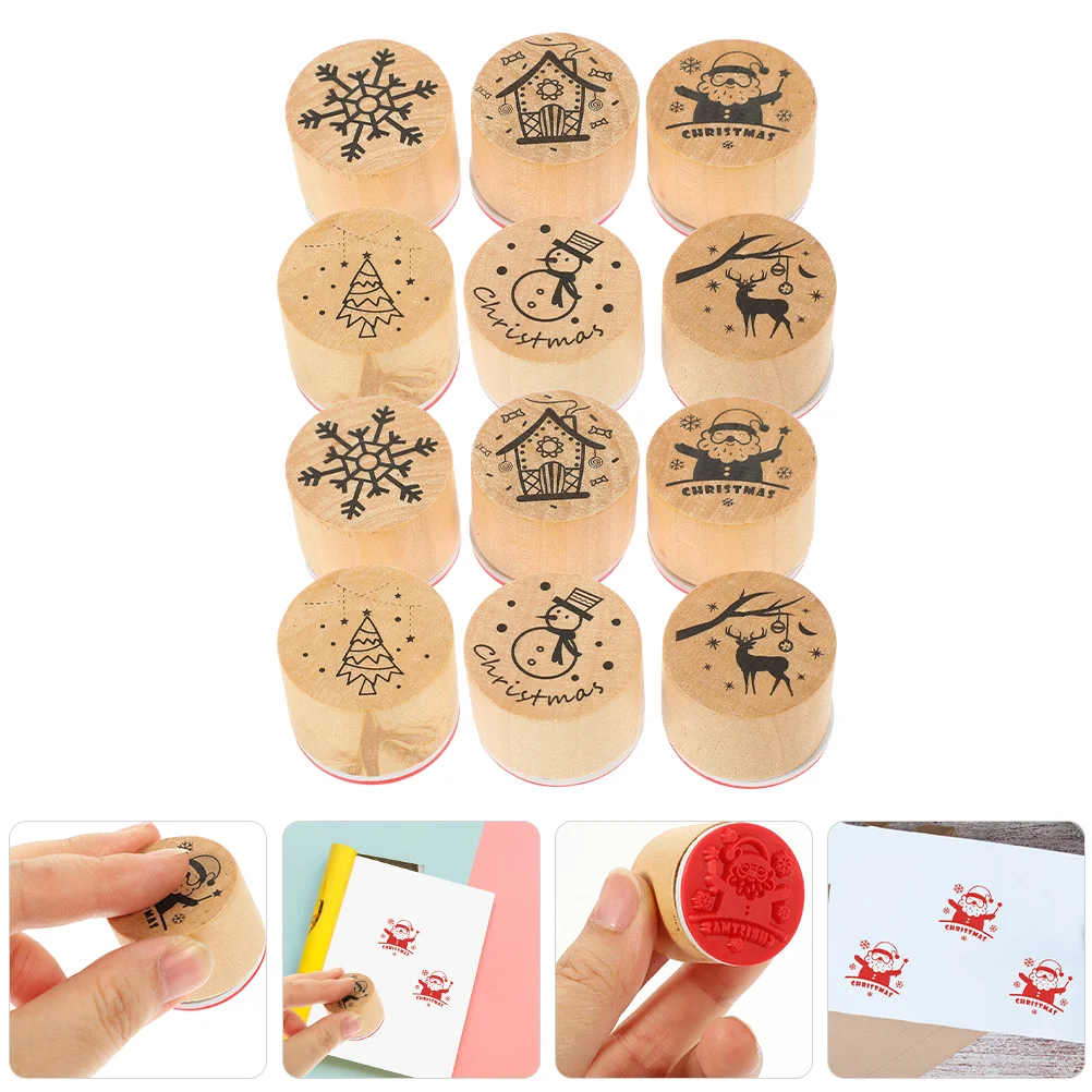 12 Pcs Round Stamps Inking Stamper Scrapbook Christmas for Card Making Wood Party Favors