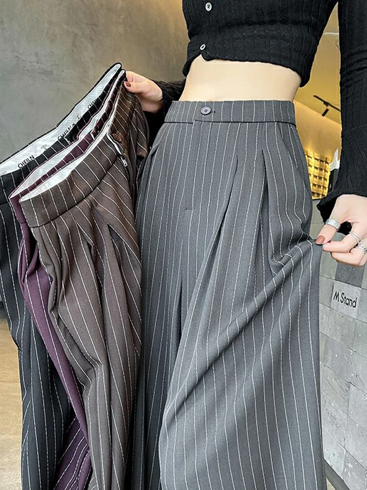 

Office Lady Striped Wide Leg Pant For Women High Waist Straight Loose Female Clothing Fashion 2024 Autumn New