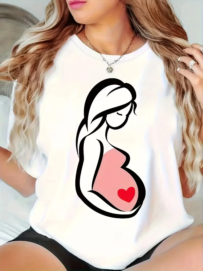 

Women - Pregnant Women with Heart Symbol Pattern Crew Neck T - shirt