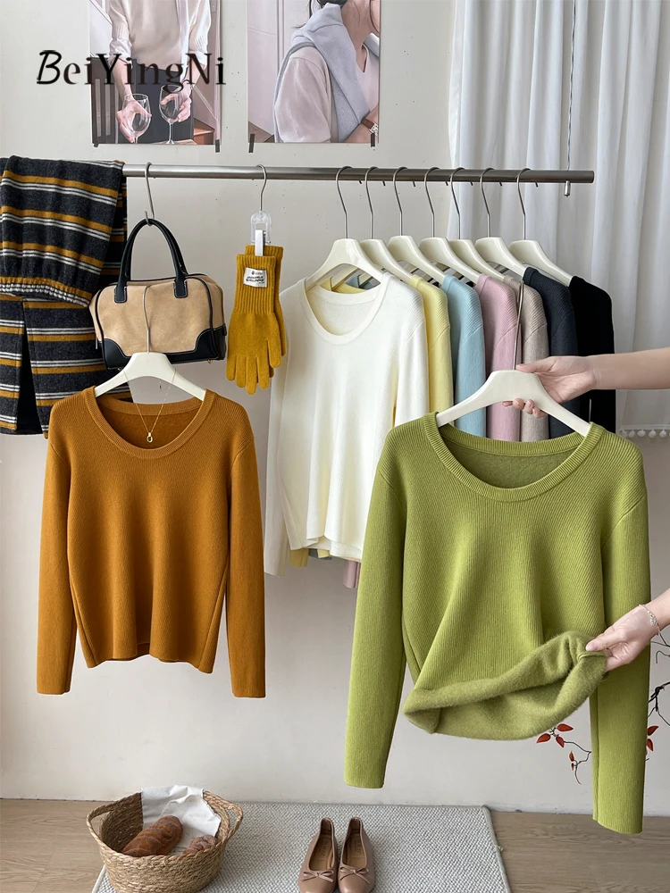

Beiyingni Korean Simple Slim Sweaters for Women Solid Color Soft Fleece Warm Jumper Female Winter High Street Casual Pullover