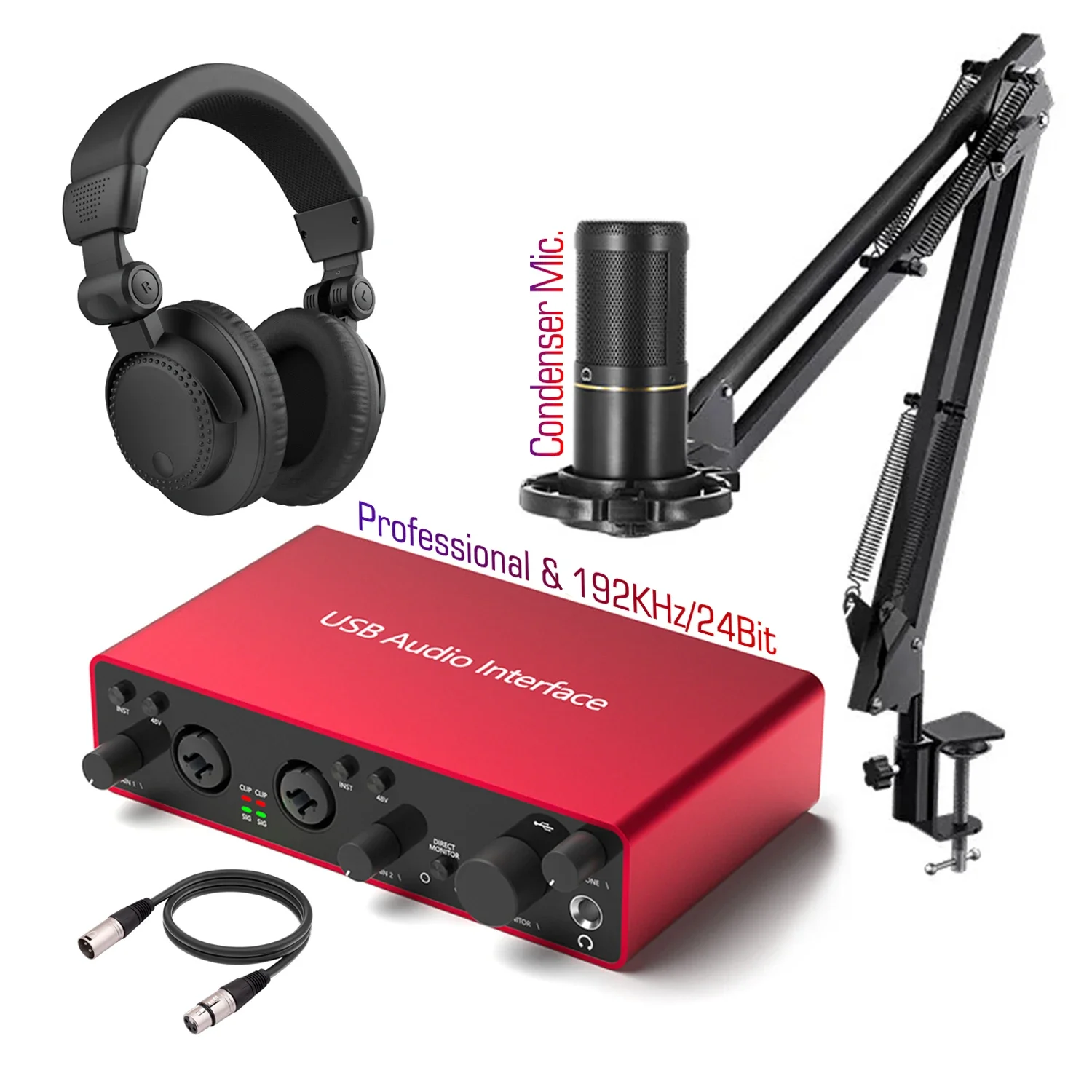 Professional XLR Condenser Studio Microphone Bundle Monitor Headphone USB Audio Interface Sound Card Kit Podcast Recording Music