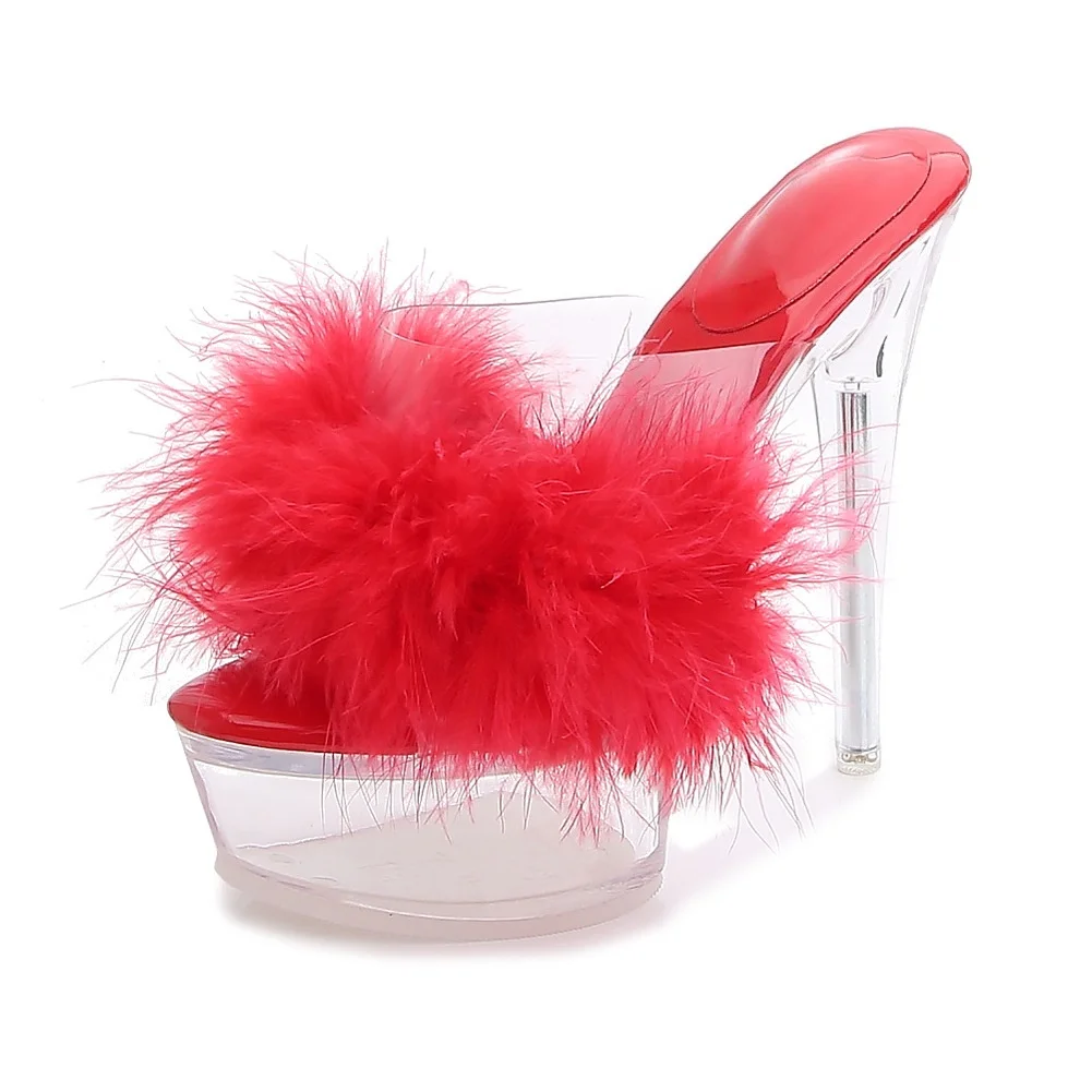 Plush Sexy High Heels Waterproof Table Slippers Transparent Crystal Sandals Peep-Toe Heels Ultra High Heels Sandals