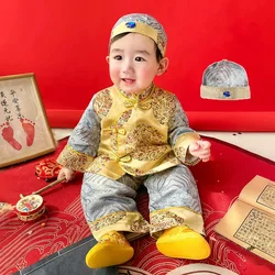 Chinese Traditional Clothes Dragon Embroidery Silk Hanfu Tang Suit Baby Boys Tops Pants Hat Set Infant Newborn Birthday Outfits