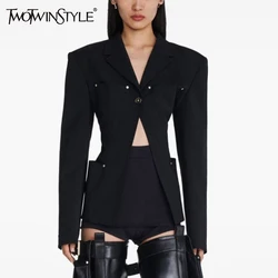 TWOTWINSTYLE Solid Slimming Blazer For Women Notched Collar Long Sleeve Tunic Patchwork Pocket Chic Blazers Female Fashion New