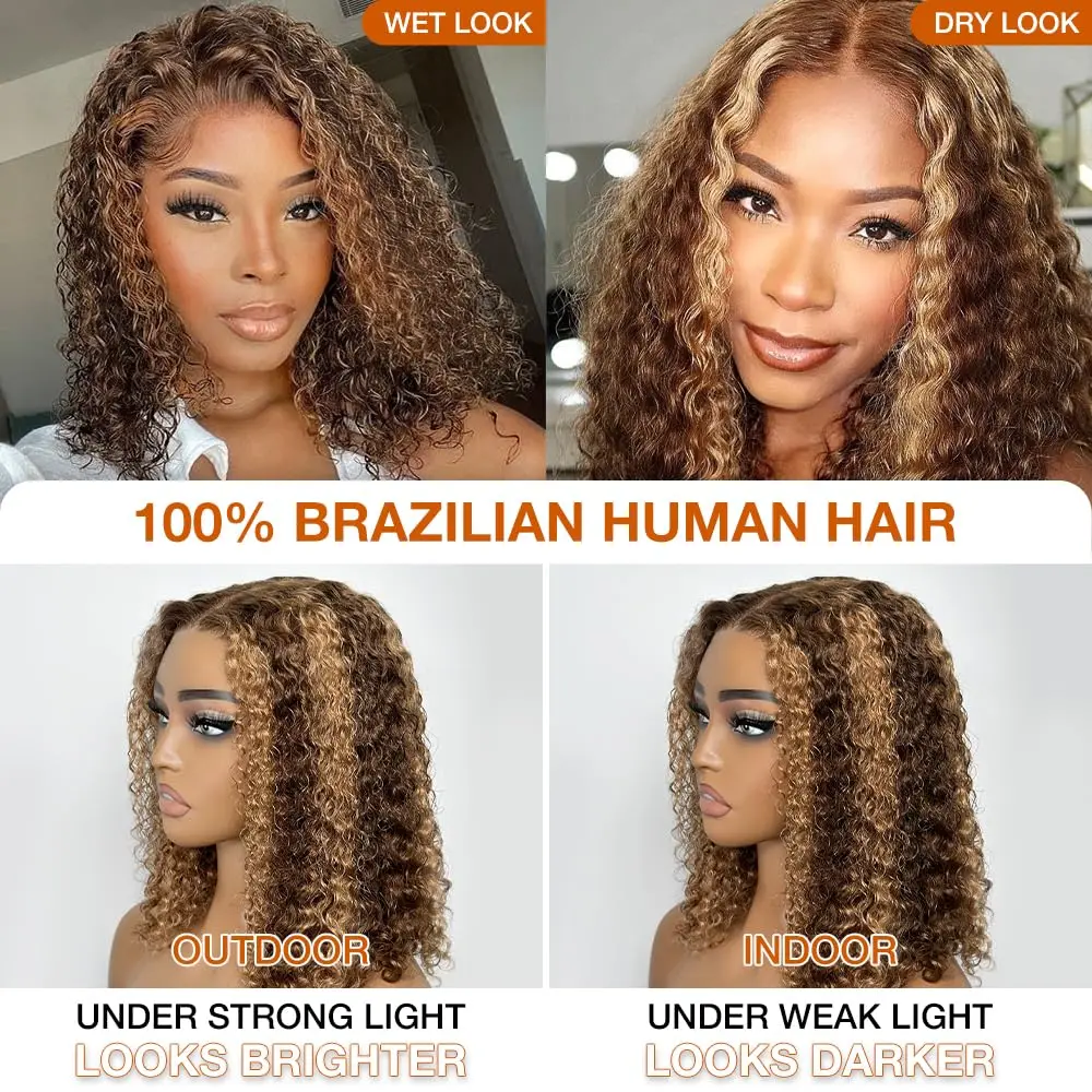 Deep Wave Honey Blonde Glueless Bob Wigs Human Hair Pre Plucked Pre Cut Highlight Wear and Go Curly Wigs Ombre HD Lace Front Wig image 5