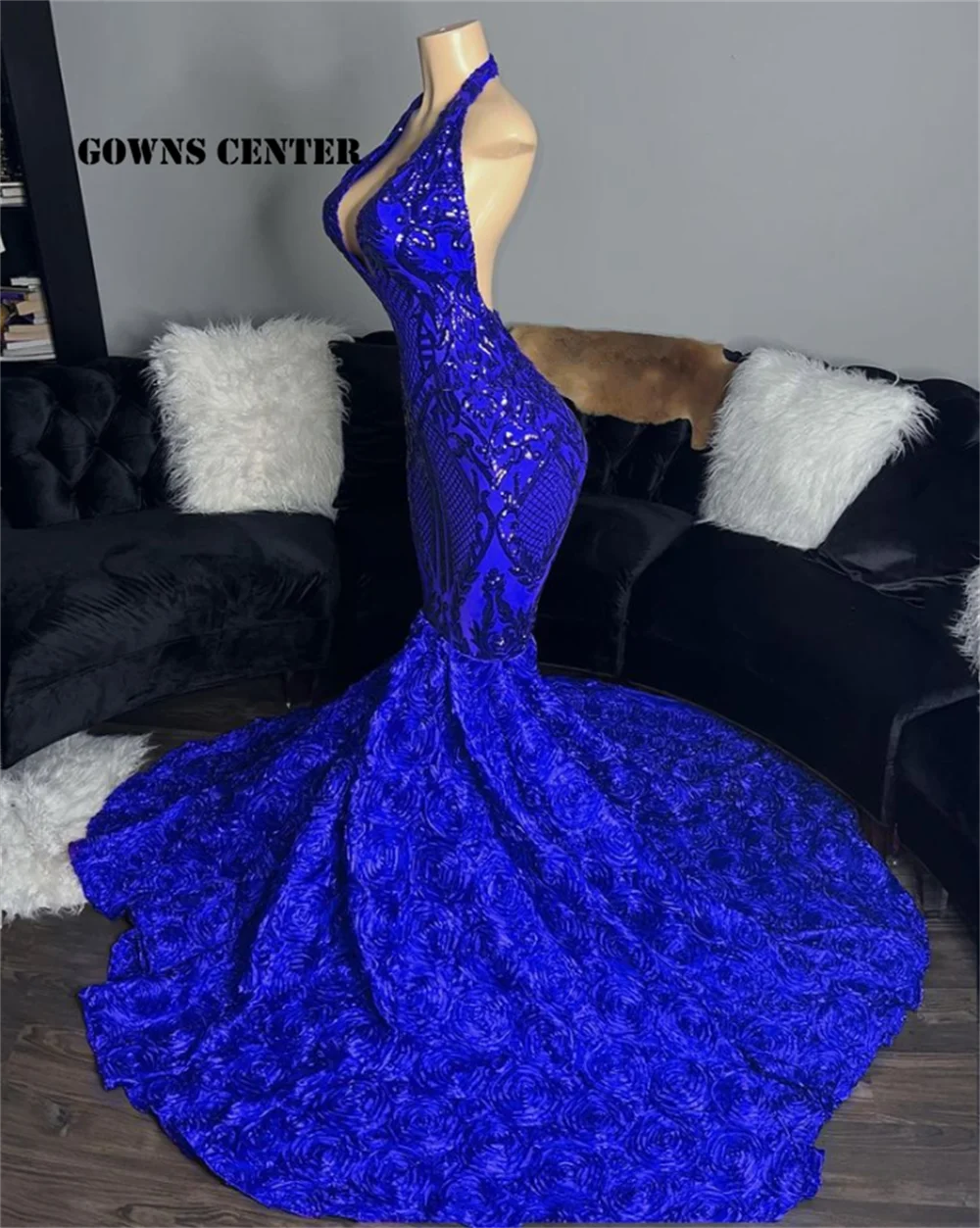 Royal Blue Sequined Prom Dresses 2024 For Black Girl Halter Evening Gown African Formal Gown Wedding Party Dress Customized