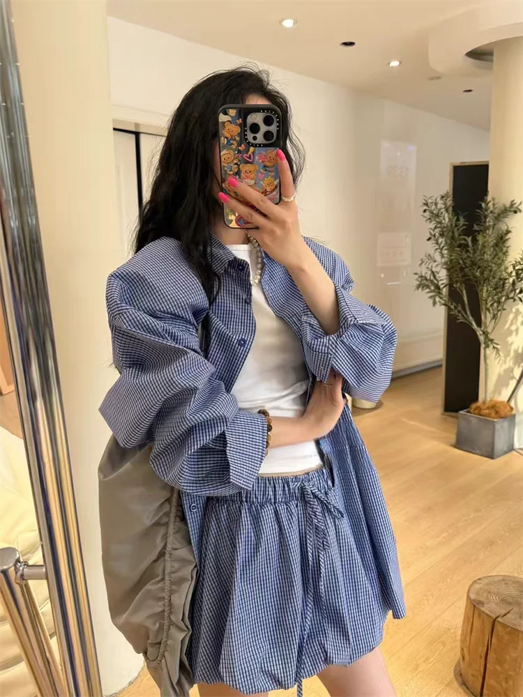 

Casual Loose Plaid Sun Protection irt Women's Sle Flloom orts Two-Piece Set Spring Summer Faion Ensemble