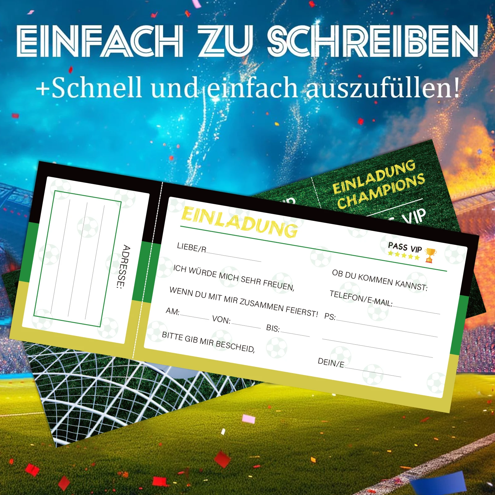 16-teilige Einladungskarten für Fußballpartys – Geburtstagskarte mit einzigartigem Design, Unisex, vorgefüllt