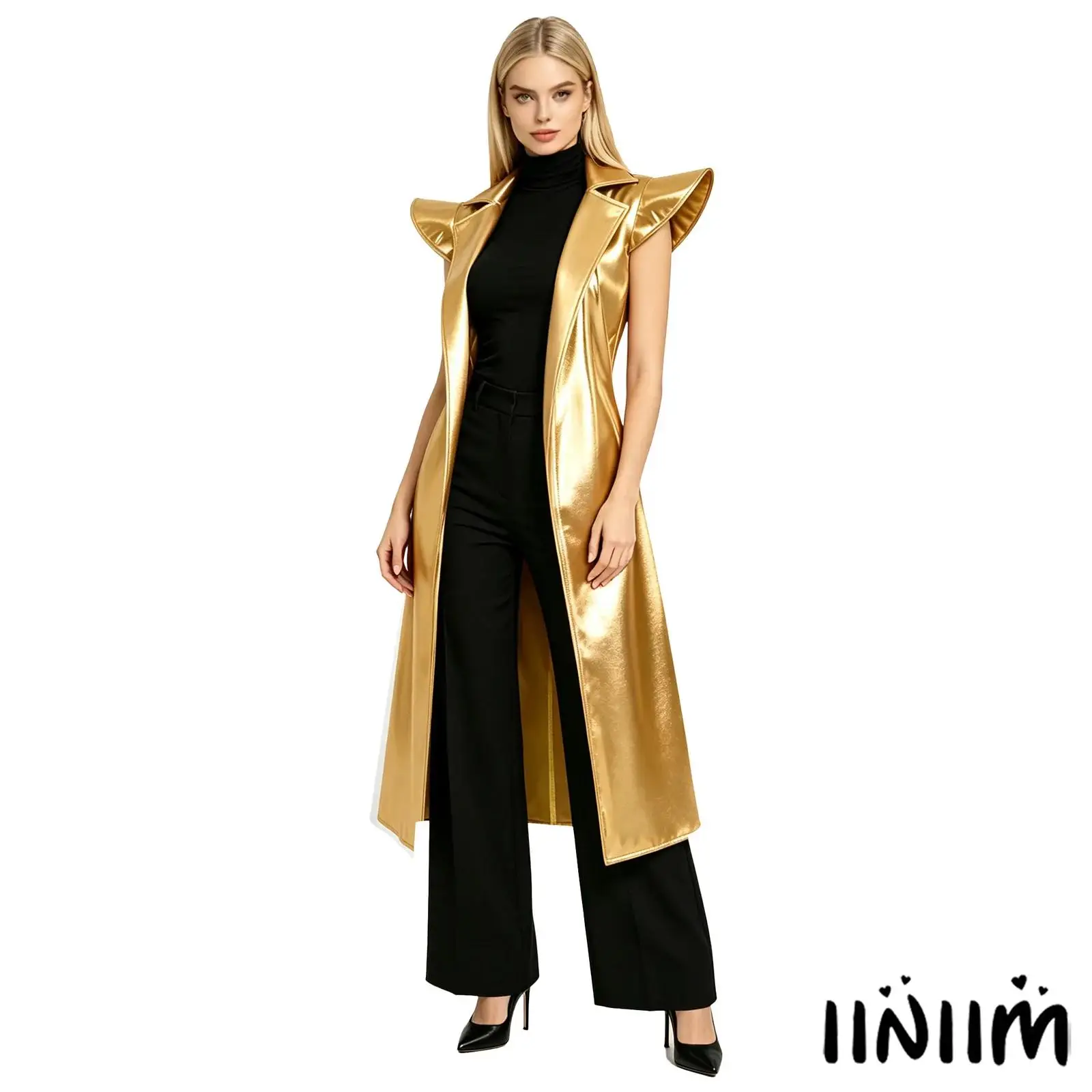 

Women Metallic Shiny Sleeveless Trench Coat Notch Lapel Open Front Belted Long Jacket for Rock Jazz Music Festivals Clubwear