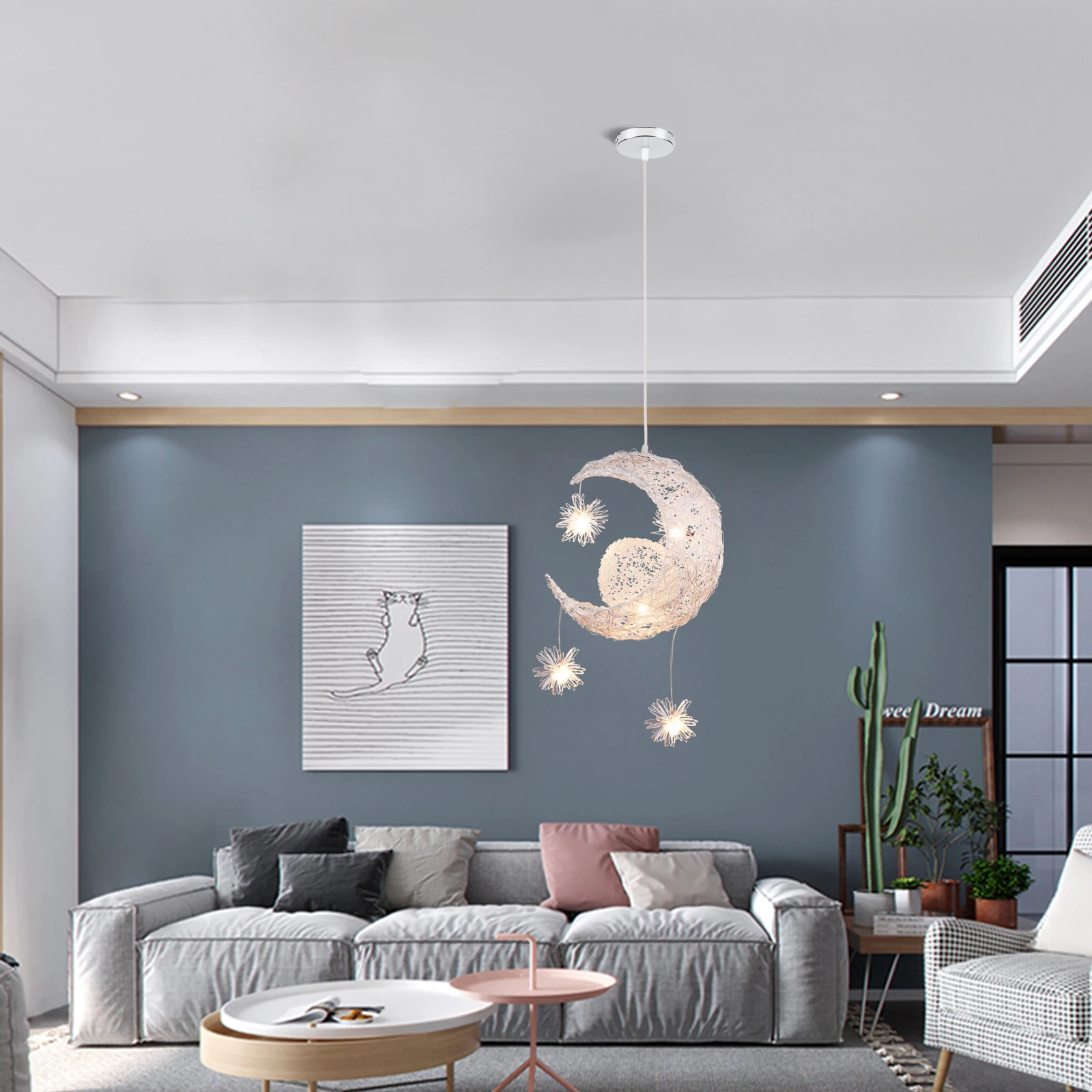 Modern Creative Pendant Light Moon Star Suspension Kids Bedroom Hanging Lamp Christmas Deco Home Fixture Lighting LED Chandelier