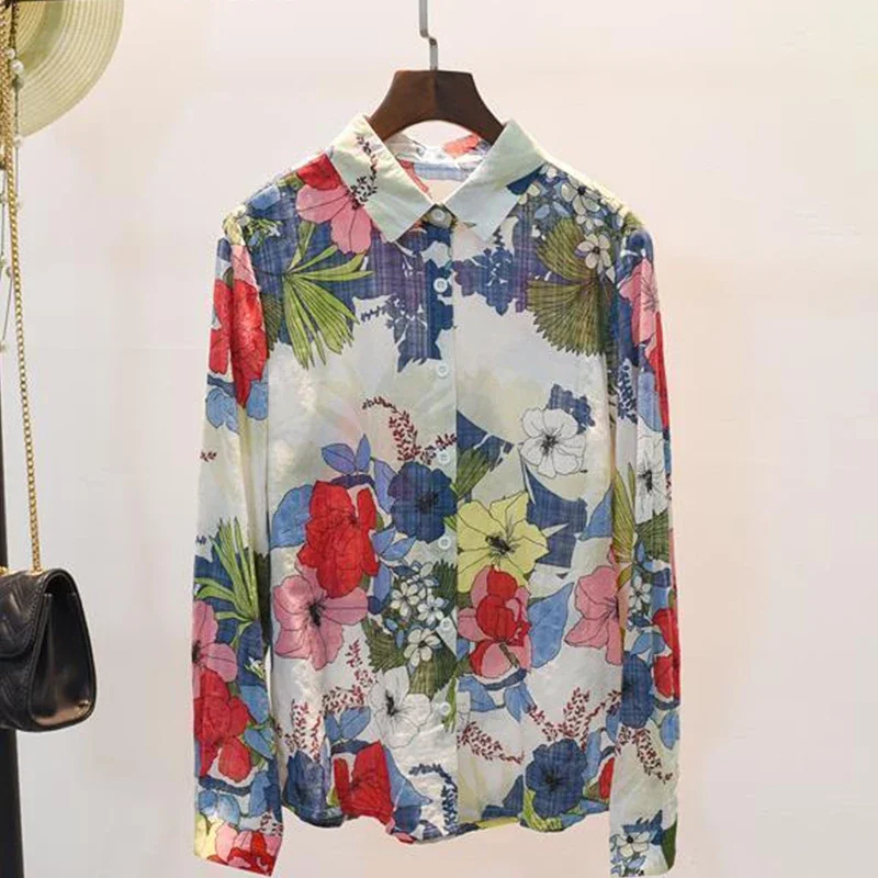 Spring Autumn Cotton Linen Casual Fashion Floral Print Shirt Ladies Loose All-match Sweet Blouse Femme Comfortable Top Women