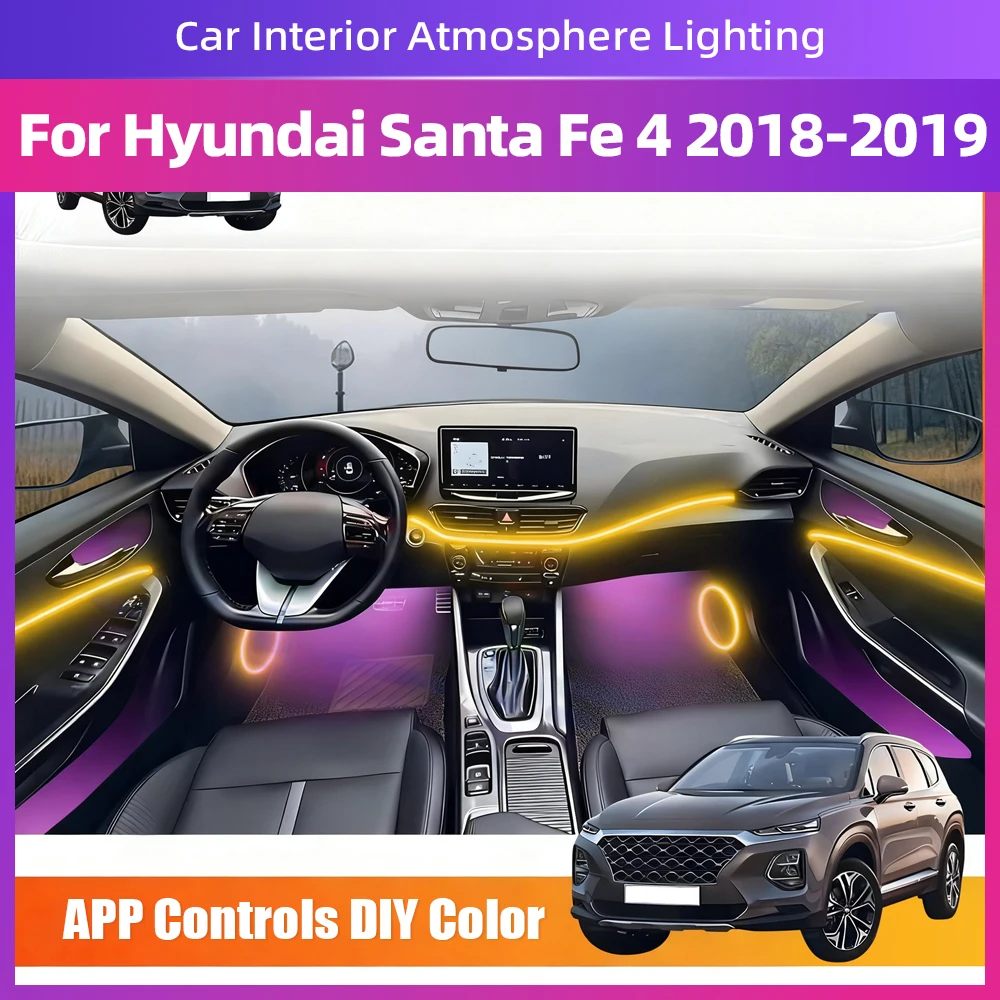 

A Set LED Ambient Light Strip Interior All Color Shades and Personalized Lighting Preferences For Hyundai Santa Fe 4 2018-2019